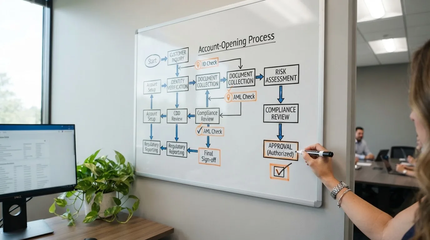 Ablaufdiagramm eines Kontoeröffnungsprozesses mit mehreren Prüfschritten auf einem Whiteboard.