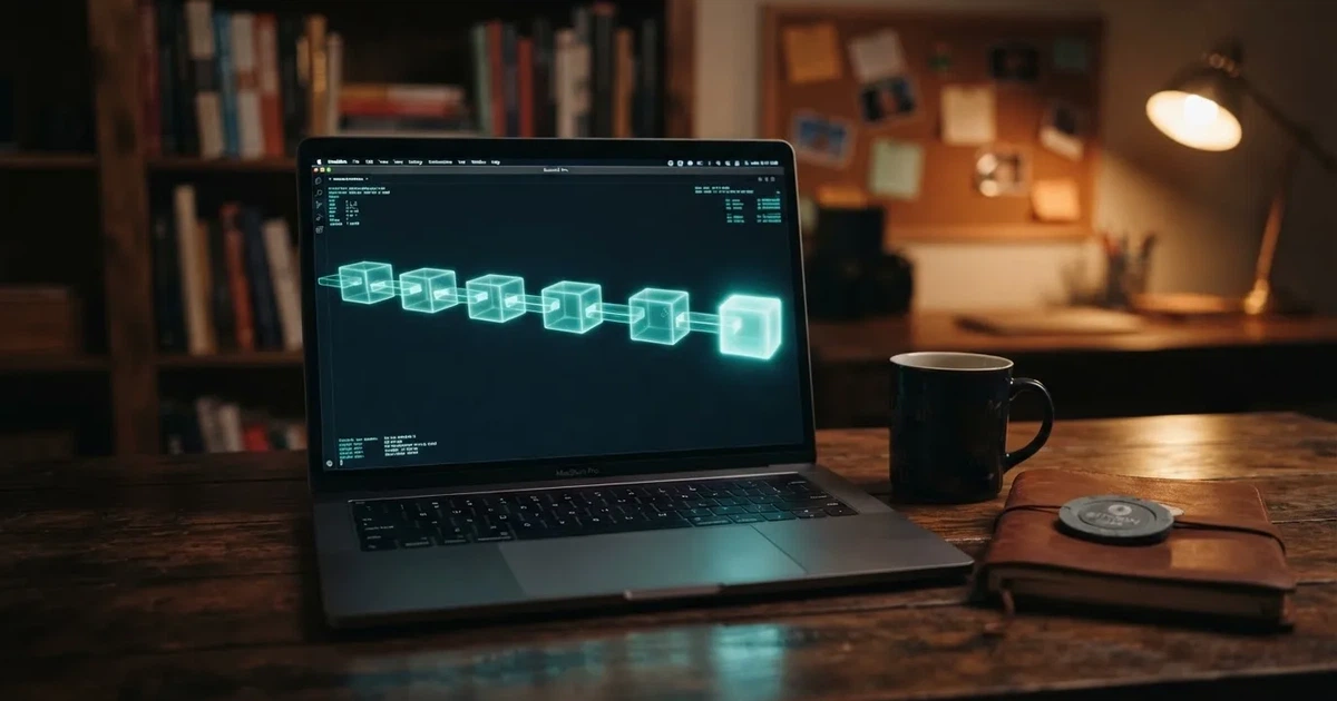 Digitale Darstellung einer Blockchain-Kette aus verbundenen Datenblöcken auf einem Bildschirm.